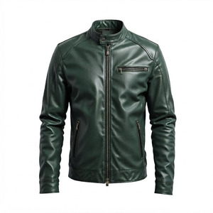 Custom Men's Dark Green Genuine Leather Cafe <b>Racer</b> <b>Jacket</b> Slim Fit Snap Collar Zip Pocket Moto Biker <b>Jacket</b> for Men OEM - Product Image 1