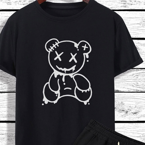ชุดเสื้อยืดคอกลมสีดำและกางเกงขาสั้นสำหรับผู้ชาย พิมพ์ลายการ์ตูนหมี ผ้าฝ้ายระบายอากาศ ใส่สบายๆ ในฤดูร้อน - Product Image 4