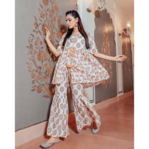 Ensemble haut pour femme en velours côtelé respirant à imprimé blocs de coton, style décontracté, taille XS, manches trois-quarts - Product Image 1