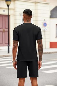Conjunto de dos piezas de verano para hombre, informal, negro, de secado rápido, tejido, con camiseta de manga corta y pantalones cortos, de color sólido, transpirable, para deporte. - Product Image 2