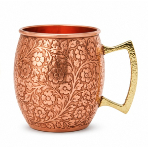 Taza Moscow Mule de Cobre Grabada con Diseño Floral, Vaso de Cobre Puro de Lujo con Asa y Logotipo Personalizado, Venta al Por Mayor - Product Image 1
