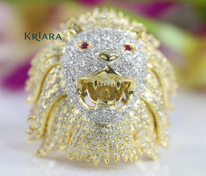 Bague tête de lion pour homme avec diamant et rubis de culture en argent 925 plaqué or jaune, style luxueux, bijou unisexe, cadeau - Product Image 1