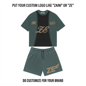 Conjunto de Camiseta y Pantalones Cortos Deportivos de Punto Premium de 280 GSM, Transpirables, con Paneles en Contraste Verde y Negro, Logotipo Personalizado, para Hombre, Verano - Product Image 1