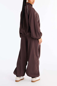 Women's brown windbreaker Waterproof Tracksuit set <b>Zipper</b> <b>Top</b> Jacket loose Pants white line piping windbreaker set modern women - Product Image 2
