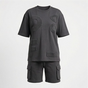Ensemble 2 pièces tricoté pour femme : T-shirt et short avec imprimé lettres floquées, coupe ample, décontracté, pour le printemps et l'été - Product Image 1