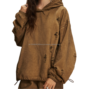 High Street personnalisé hommes rétro lavage à l'acide à capuche 450GSM éponge surdimensionné en détresse déchiré sale teint ourlet cordon à capuche 2XL - Product Image 1