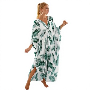 Tropical Print V Neck Maxi Dress Loose Batwing Sleeve Chiffon Wrap Front Summer Beachwear Women's Boho Long Dress - Product Image 1