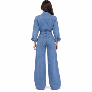 Womens Denim Overalls High Waist Wide Leg Button Front Loose Fit Casual Spring Style Stonewashed Cotton <b>Jumpsuit</b> - Product Image 3