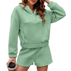 Vêtements personnalisés en gros, ensemble de sweat-shirt et short pour femmes en coton 100%, ensemble court en deux pièces pour femmes, ensemble de sport 2025 - Product Image 1