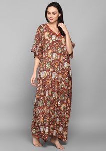 Cute Rust Hand Block Floral Printed <b>Kaftan</b> for Ladies 100% Soft Cotton Woven Eco-friendly V Neckline Half Sleeves Natural - Product Image 3