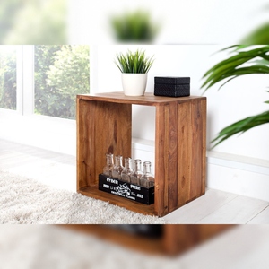 Vandana Modern Harmony Wood Side Table MAKASSAR 45cm Brown Sheesham Stone Finish Shelf Handmade Bedroom Home Office <b>Nightstand</b> - Product Image 4