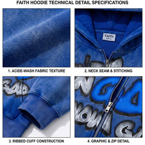 Sweat à capuche bleu oversize zippé pour homme, 100 % coton tricoté, style hip-hop, imprimé lettres sur le devant, idéal pour l'automne - Product Image 6