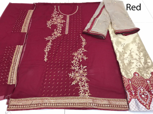 Ensemble de vêtements indiens et pakistanais en georgette lourde, richement brodés et ornés de pierres, comprenant un lehenga, un haut et un dupatta, entièrement cousu. - Product Image 4