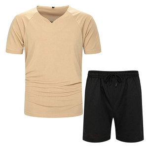 Conjunto de Dos Piezas para Hombre, Camiseta de Punto Sólido con Cuello en V y Pantalones Cortos con Cordón, Transpirable, Deportivo, Cómodo para Uso Diario de Verano - Product Image 1