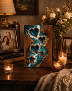 Handmade Wood Resin Cremation Urn Ocean Blue Hearts Stars American Style Durable Eco-Friendly Decor - Product Image 4