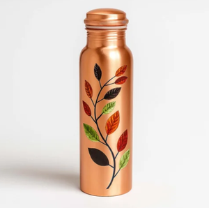 Bouteille d'eau en cuivre pur avec motif d'art de feuilles et de branches imprimé, fond en cuivre chaud, design artisanal rustique, gourde en cuivre faite à la main - Product Image 1