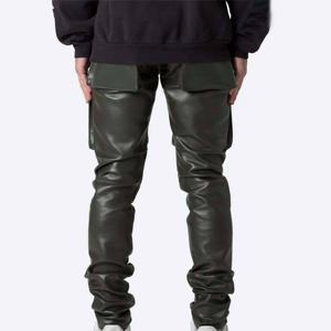 Pantalones de hombre de alta calidad, de cuero vacuno y lona, rectos, para otoño e invierno, ropa de moda, cintura media, con cremallera, estilo urbano - Product Image 3