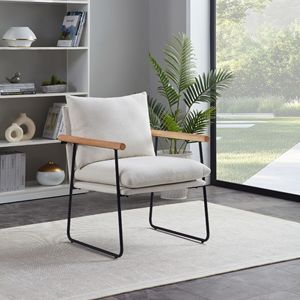 Fauteuil d'appoint moderne et confortable avec coussin amovible, chaise de salon ou de chambre à coucher en blanc avec accoudoirs en bois - Product Image 1
