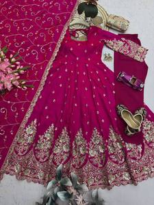 Anarkali Modest Wedding Dress with Embroidery and Sequence Work Includes Gown <b>Pant</b> Dupatta - Product Image 3
