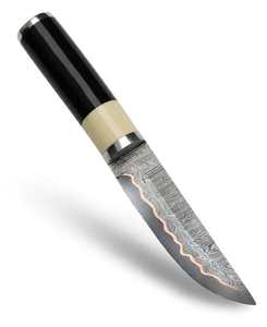 Outil utilitaire d'extérieur artisanal en acier Damas à âme en cuivre, manche empilé en corne noire et os blanc - Product Image 4