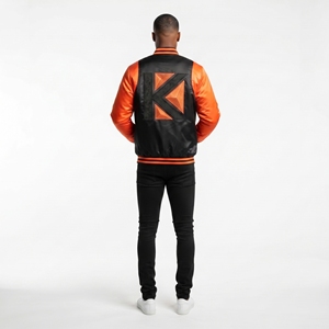 KVJ118 Bomber Varsity da <span class=keywords><strong>uomo</strong></span> in raso per inverno nero arancione <span class=keywords><strong>senza</strong></span> colletto con ricamo serigrafia - Product Image 5