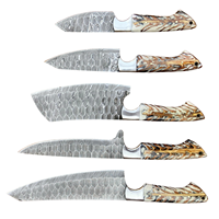 Ensemble de couteaux de chef en acier Damas, ensemble de couteaux de cuisine cinq pièces, couteaux de boucher et de filetage, couteaux à manche en pin blanc