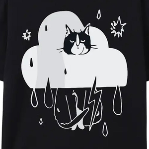 Men's Black Cartoon Cat <b>Cloud</b> Printed T-Shirt Short Sleeve O-<b>Neck</b> Casual 100% Cotton Regular Fit Jersey Fabric - Product Image 4
