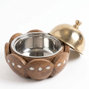 Juego de Cazuelas de Madera Sheesham con Silueta Floral, con Incrustaciones a Mano de Madreperla y Tapa de Latón, para Mantener la Comida Caliente - Product Image 3