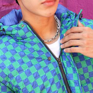 Men's Blue Green Plaid Hooded Puffer Jacket Windproof Casual Winter Outerwear Regular Fit Zipper Closure Polyester Shell - Product Image 3