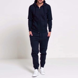 Ensemble de survêtement pour homme, sweat-shirt à capuche bleu marine, couleur unie, décontracté, respirant, pantalon de jogging, tenue de sport complète, vêtements d'hiver, 100% coton - Product Image 1