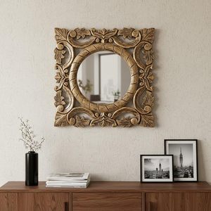 Espejo Decorativo de Pared de Madera, Espejo Redondo de Cristal con Marco Tallado para Baño, Dormitorio, Sala de Estar - Product Image 6