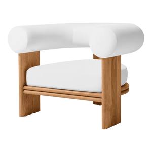 Fauteuil de salon moderne de luxe en teck massif, fauteuil lounge rembourré en tissu blanc, design avec dossier incurvé, pour hôtel, villa - Product Image 6