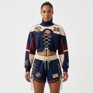 Ensemble de survêtement léger d'été pour femme en polyester/coton, avec short et sweat-shirt, imprimé dentelle, style course, vêtements de sport personnalisés pour équipe - Product Image 2