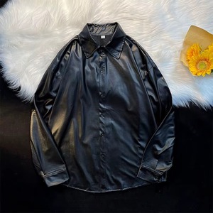 Chemise en cuir PU noir pour homme, style décontracté américain, col à revers, simple boutonnage, manches longues, tenue minimaliste pour l'automne - Product Image 6