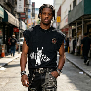 T-shirt noir oversize à manches courtes 100 % coton avec œillets métalliques, style streetwear décontracté, écologique, séchage rapide, respirant - Product Image 2