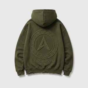 Sudadera con Capucha para Hombre, Color Verde Oliva, Tejido Grueso Lavado, Estilo Oversize, Logotipo Grabado, Ropa Urbana, OEM ODM - Product Image 2