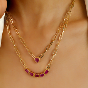 18K Solid Gold Ruby <b>Statement</b> <b>Necklace</b> with Diamond Accents Rose Gold Plated Link Chain - Product Image 3