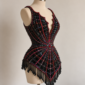 Robe de danse latine noire pour femmes, sans manches, col festonné avec franges en strass - Product Image 2
