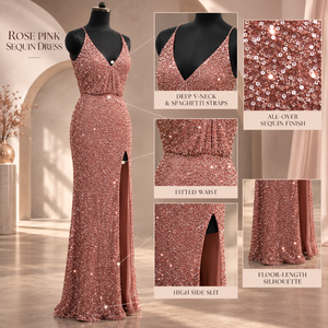 Robe de soirée rose pailletée, col en V profond, bretelles spaghetti, fente haute sur le côté, taille ajustée |   Robe fourreau longue pour soirée chic - Product Image 5