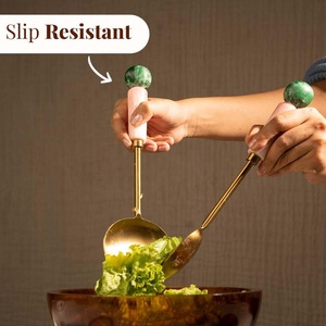 New Arrival Eco-Friendly Stainless Steel <b>Salad</b> Server Fork Spoon Set Pink Resin Handle Gold Tone Dishwasher Safe Serving <b>Tools</b> - Product Image 2