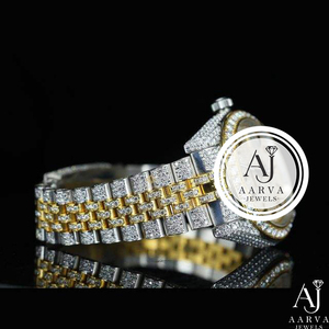 Montre analogique de luxe bicolore en zircon cubique avec bracelet incrusté de diamants, bracelet en acier inoxydable de 16 mm, cadran à échelle mixte, idéale pour un cadeau de fête - Product Image 1