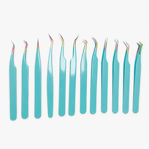 Kit professionnel de 12 pinces à épiler de précision pour extensions de cils, pointes arc-en-ciel avec poignées ergonomiques bleues - Product Image 2