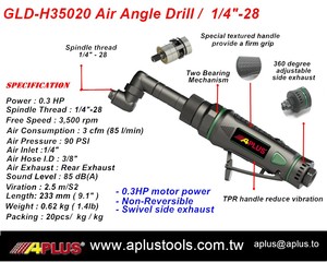 APLUS GLD-H35020 Taladro Neumático Angular OEM 0.3HP 3500 RPM 30 Nm Torque 3 CFM 1 Año de Garantía Longitud 233mm 0.62kg Rosca del Husillo - Product Image 4