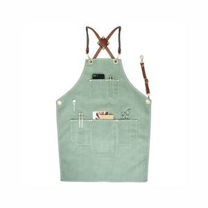 Tablier en toile personnalisé avec logo pour bar à expresso, bretelles croisées en cuir, uniforme professionnel anti-salissures pour barista et ouvrier de bar - Product Image 1