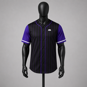 Maillot de baseball unisexe personnalisé noir d'été à rayures, manches courtes, col en V, boutons sur le devant, respirant, en polyester, pour le sport - Product Image 1