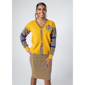 Ensemble jupe et haut pour femme, motif pied-de-poule doré, élégant, deux pièces assorties, tenue décontractée tendance, mini-jupe et haut stylés, boutique pour femmes - Product Image 1