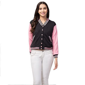 Chaqueta Varsity Negra y Rosa para Mujer, Manga Larga, Tejida, Diseño Sólido con Contraste de Color, Cuello en V, Cierre de Botón, Ropa de Abrigo para Otoño - Product Image 3