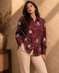 Chemise brodée en viscose rayonne marron pour femme, broderie florale, chemise boutonnée décontractée pour femme - Product Image 5