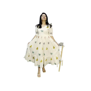 Indien main bloc imprimé coton robe été porter à manches longues tenue décontractée doux confortable naturel écologique pour - Product Image 1