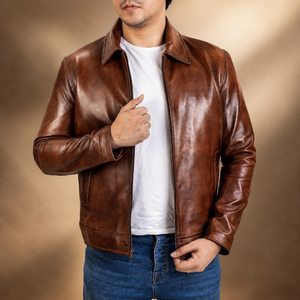 <b>Brown</b> <b>Leather</b> <b>Jacket</b> <b>Men</b> Zip Up Collared Casual Outerwear Autumn Style Genuine <b>Leather</b> Slim Fit Regular Length - Product Image 5